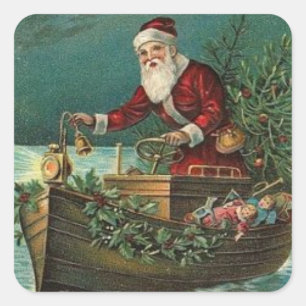 Adesivo Quadrado Natal Vintage Papai Noel Num Barco