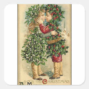 Adesivo Quadrado Natal Vitoriano Beijo Retro Feriado Vintage
