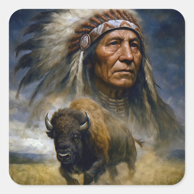 Adesivo Quadrado Native American Chief with Charging Buffalo (Frente)