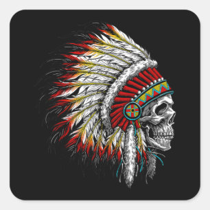 Adesivo Quadrado Native American Indian Chief Skull Motorcycle