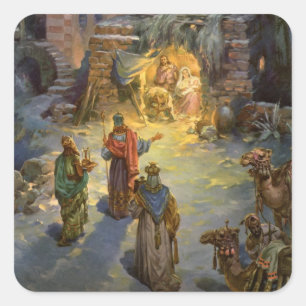 Adesivo Quadrado Natividade do natal vintage com Magi de visita