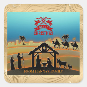Adesivo Quadrado Natividade Dourada Personalizada "Feliz Natal"