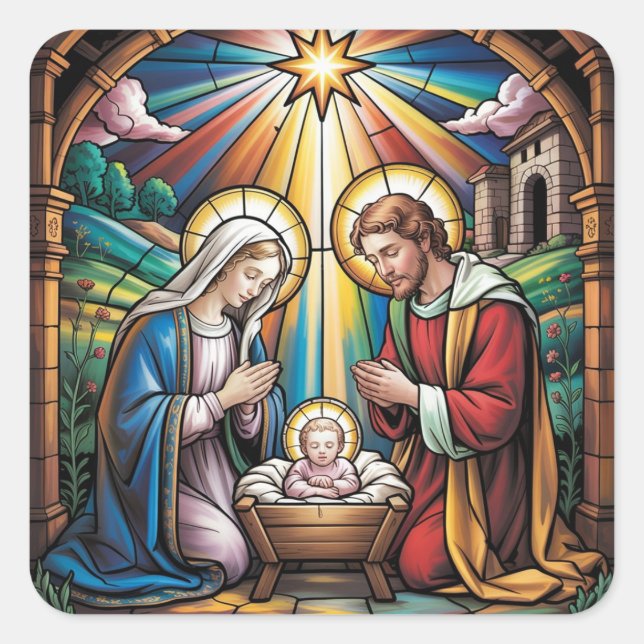 Adesivo Quadrado Nativity Stained Glass Art – Holy Family Christmas (Frente)