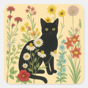 Adesivo Quadrado Natureza Botânica – Gato Preto no Jardim de Flores