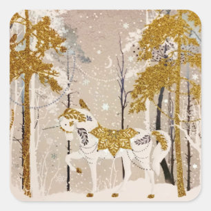 Adesivo Quadrado Natureza nevado mágica Dourado do unicórnio da