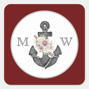Adesivo Quadrado Náutica Náutica Âncora Floral Maroon Vermelho Bran
