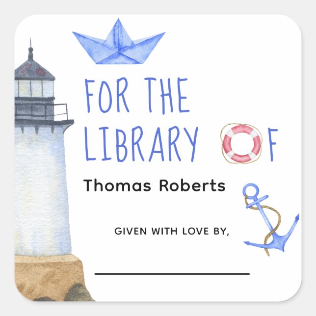 Adesivo Quadrado Náutico de Aquarela - placa de chá de fraldas (Frente)