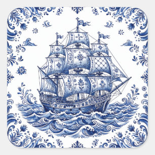 Adesivo Quadrado Navio Mercante em Estilo Delft Azul e Branco