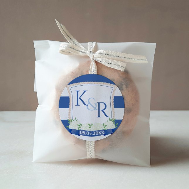 Adesivo Quadrado Navio Náutico Elegante: Favor de Crest Casamento (Nautical Themed Wedding Crest featuring a rope outline. Shown here for wedding favors / welcome pack)