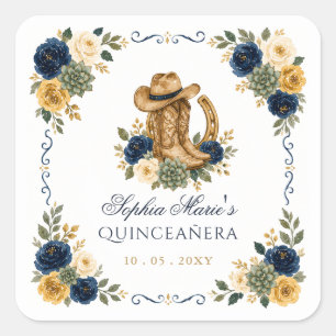 Adesivo Quadrado Navy Dourado Cavalo Ocidental Floral Charra Quince
