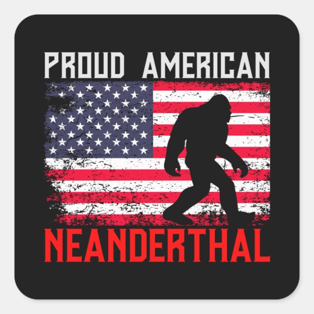 Adesivo Quadrado Neandertal Americano Orgulhoso | Pavilhão EUA e Pé (Frente)