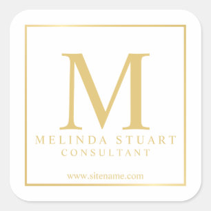 Adesivo Quadrado Negócio elegante branco e Dourado do monograma