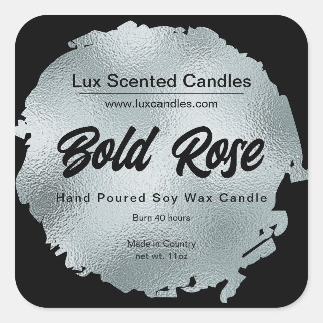 Adesivo Quadrado Negra Folha de Silver Moderna de Luxo Glamorosa (Frente)