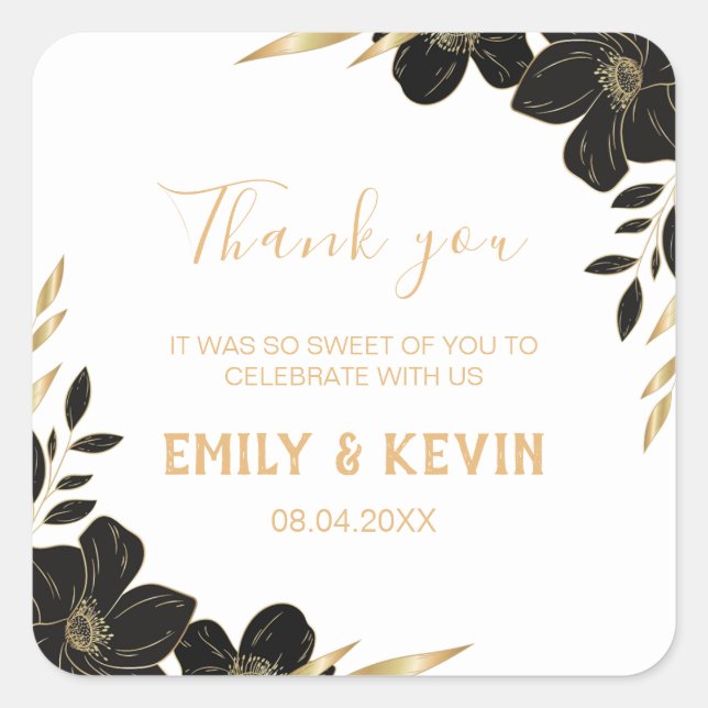 Adesivo Quadrado Negra Moderna e Branca, casamento Floral Obrigado (Frente)