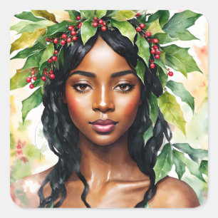 Adesivo Quadrado Negra Natal Holly Watercolor Art