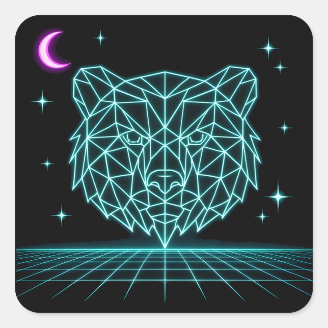 Adesivo Quadrado Neon Bear Synthwave - Fera da Floresta Retro (Frente)