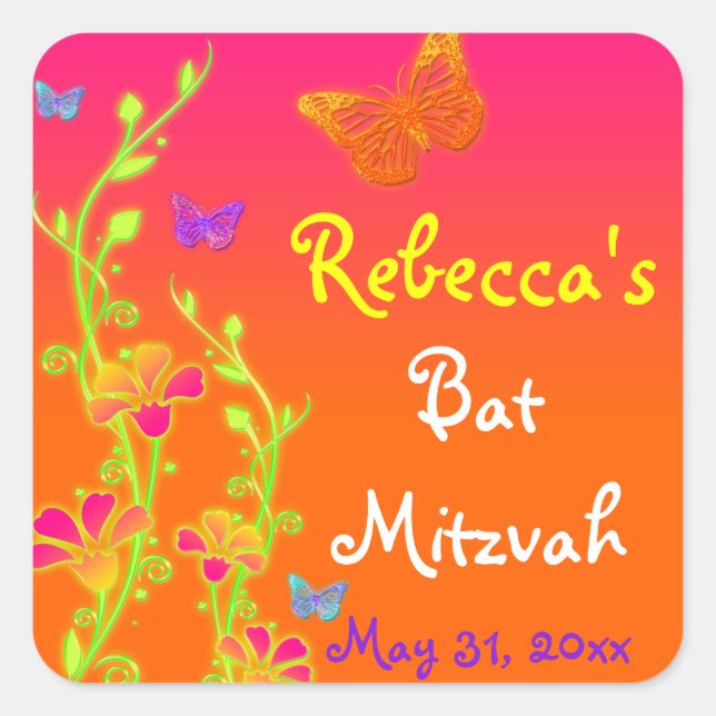 Adesivo Quadrado Neon Butterflies e Flowers Bat Mitzvah Sticker (Frente)
