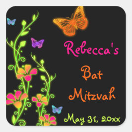 Adesivo Quadrado Neon Butterflies e Flowers Bat Mitzvah Sticker