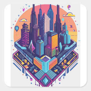 Adesivo Quadrado Neon Dreams: Mundos de Cyberpunk Abstrato