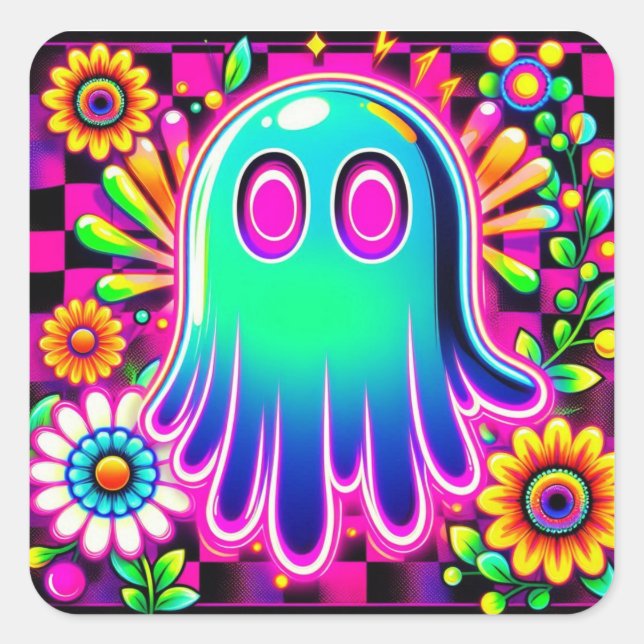 Adesivo Quadrado Neon Floral Retro Ghost Halloween (Frente)
