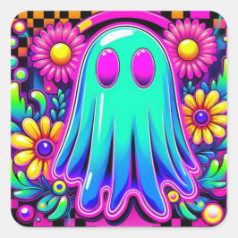 Adesivo Quadrado Neon Floral Retro Ghost Halloween