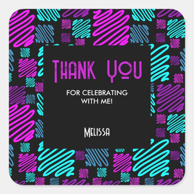 Adesivo Quadrado Neon Purple Blue Geométrico Muito Obrigado (Frente)