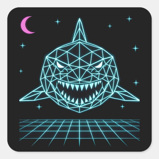 Adesivo Quadrado Neon Shark Synthwave - Retro Ocean Predator (Frente)