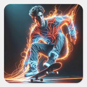 Adesivo Quadrado Neon Skateboarder Com Traços De Luz Fiáveis