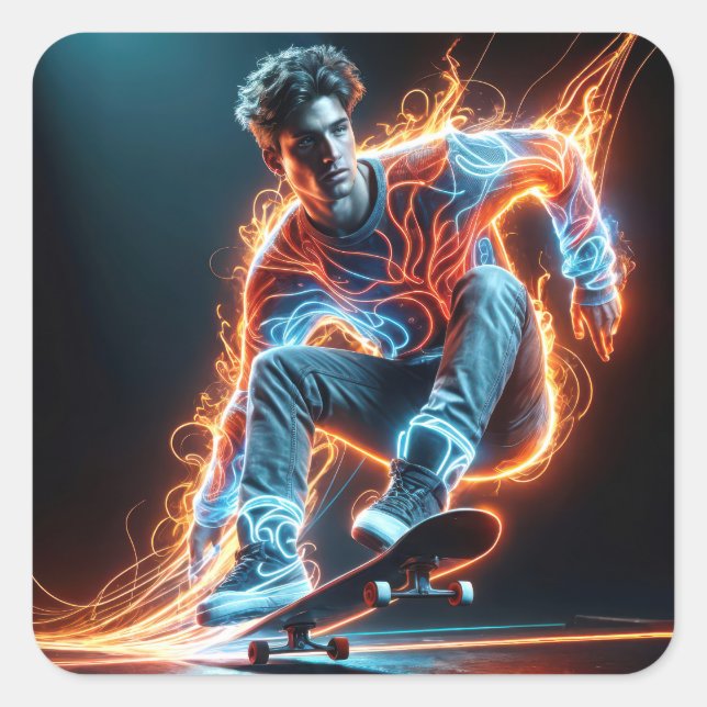 Adesivo Quadrado Neon Skateboarder Com Traços De Luz Fiáveis (Frente)