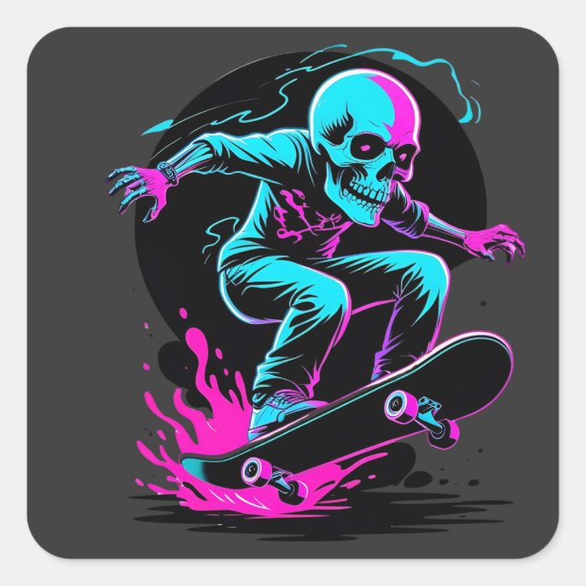 Adesivo Quadrado Neon Skull Skateboard Art - Edgater Skater Design (Frente)