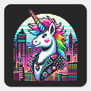 Adesivo Quadrado Neon Urban Unicorn - Pixel Art Cityscape