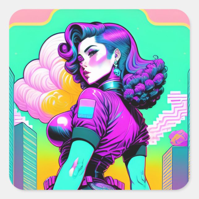 Adesivo Quadrado Neon Vaporwave Pinup Girl Sticker (Frente)