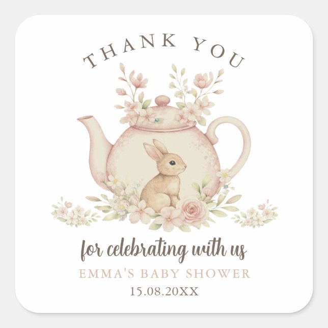 Adesivo Quadrado Neutral Bunny Tea Party Baby Shower Thank You  (Frente)