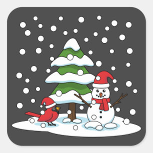 Adesivo Quadrado Neve Caindo no Cardeal, Snowman e Pine Tree