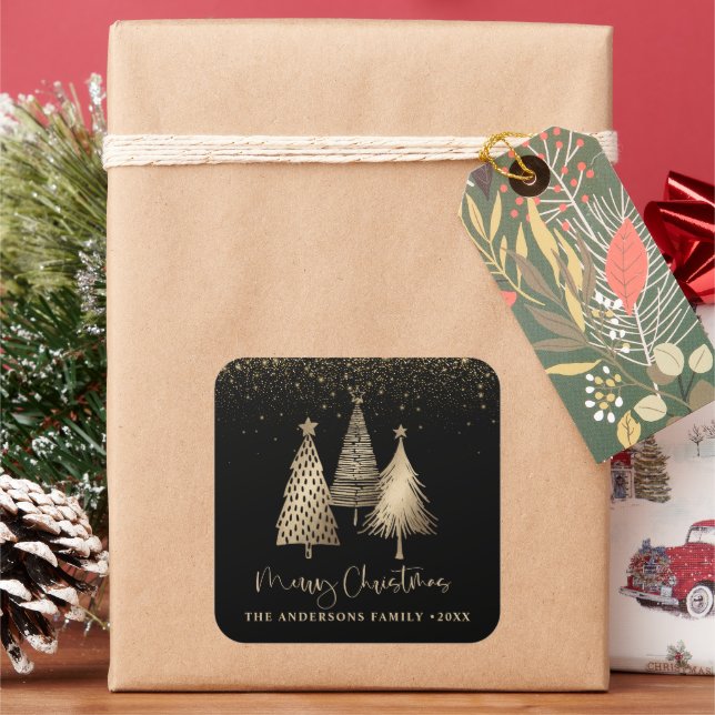 Adesivo Quadrado Neve Dourada de Árvore de Natal elegante (Feriado)