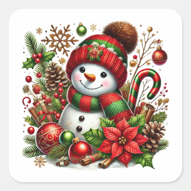 Adesivo Quadrado Neve Festiva em Vermelho e Verde (Frente)