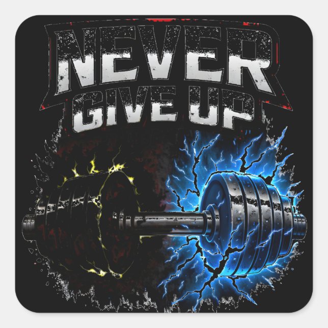 Adesivo Quadrado Never Give Up – Resilience Gym Motivation (Frente)