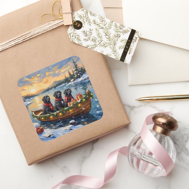 Adesivo Quadrado Newfoundland Dog Christmas Boat Holiday (Presentear)