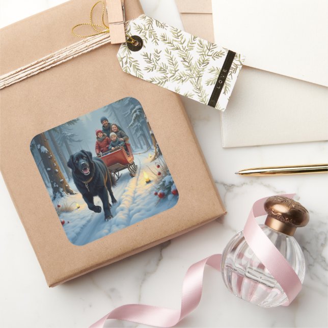 Adesivo Quadrado Newfoundland Dog Snowy Sleigh Ride Christmas (Presentear)