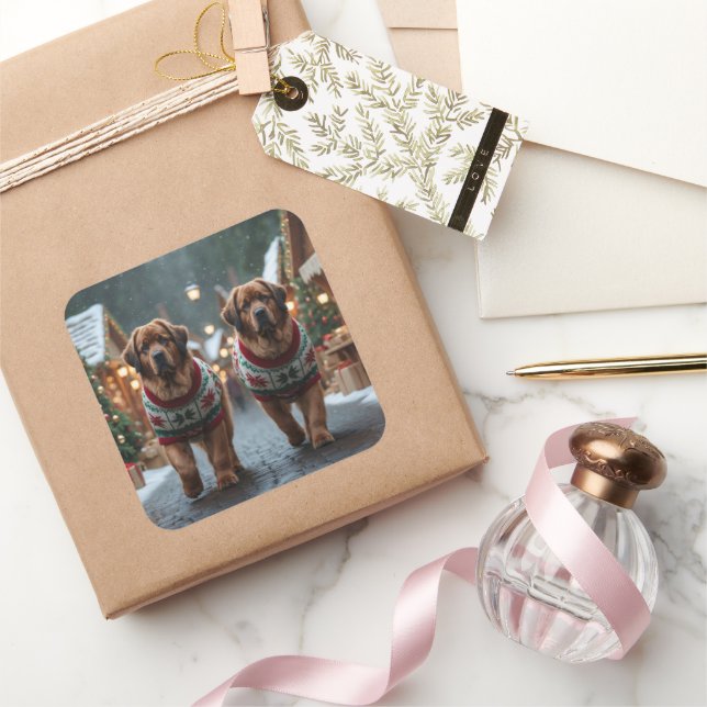 Adesivo Quadrado Newfoundland Dogs Christmas Snow Holiday (Presentear)