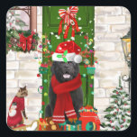 Adesivo Quadrado Newland Dog Christmas<br><div class="desc">O Natal do Cachorro da Terra Nova sentado do lado de fora da casa decorada com a coroa de Natal,  a árvore de Natal é uma ideia perfeita de presente de Natal para amantes de cães.</div>