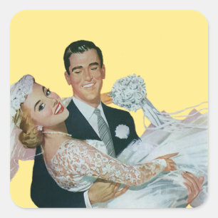 Adesivo Quadrado Newlyweds do casamento vintage, noivos felizes