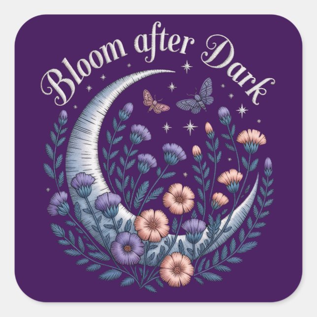 Adesivo Quadrado Night Garden Faux Embroidered Moon with Moths (Frente)