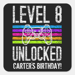 Adesivo Quadrado Nível 8 Desbloqueado 8º Aniversário Gamer Perso