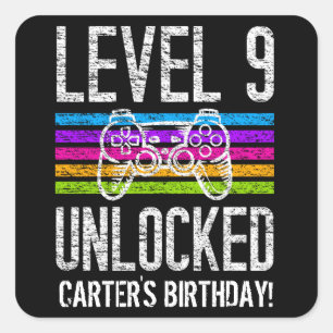 Adesivo Quadrado Nível 9 Desbloqueado 9º Aniversário Gamer Perso