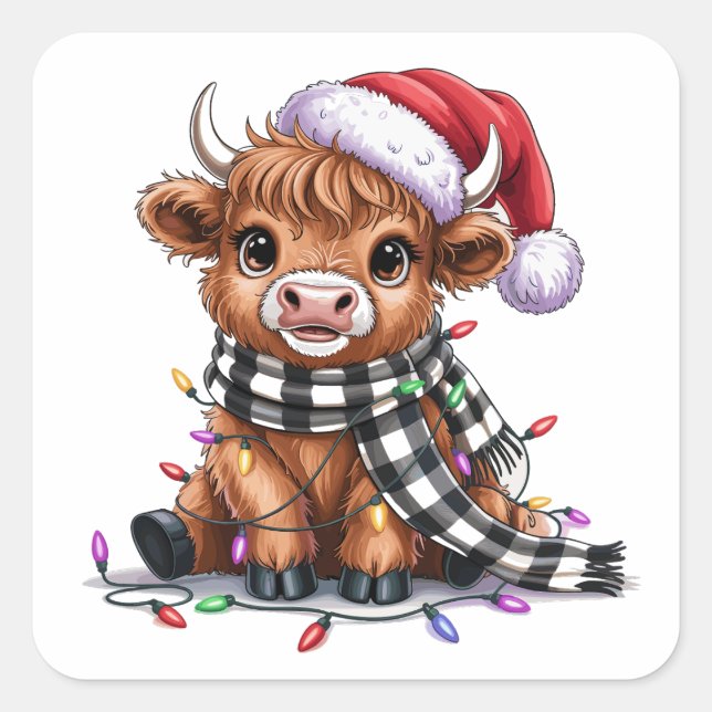 Adesivo Quadrado No Natal Lights Highland Cow Santa Hat (Frente)