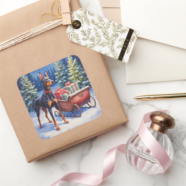 Adesivo Quadrado Noble Doberman Guarding Christmas Sleigh Winter (Presentear)