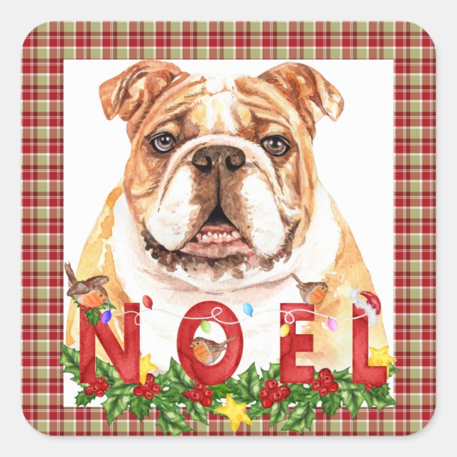 Adesivo Quadrado Noel do Bulldog da Watercolor (Frente)