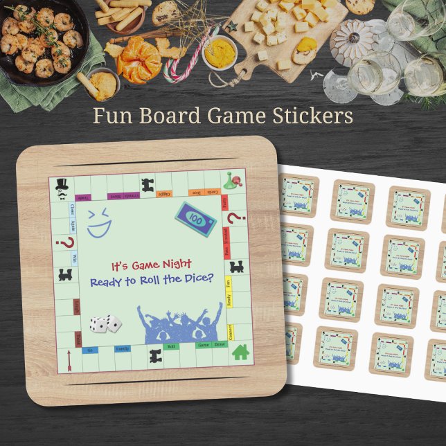 Adesivo Quadrado Noite de Jogos de Tabuleiro Divertidos e Informais (Fun board game stickers featuring retro dice and game piece icons for a casual game night.)