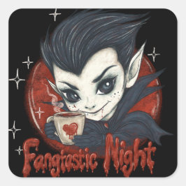 Adesivo Quadrado Noite fantástica. Vampiro bonito com uma xícara de